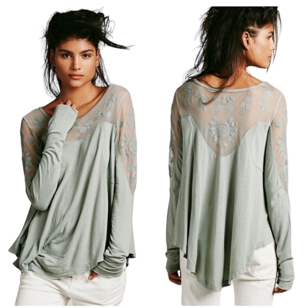 Free People New Romantics Pretty Pretty Sage Green Sheer Embroidered Tunic